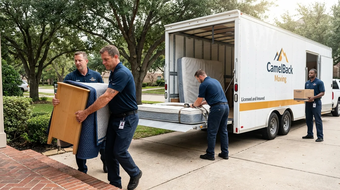Crew loading residential truck for cross-state move from Palo Pinto, TX