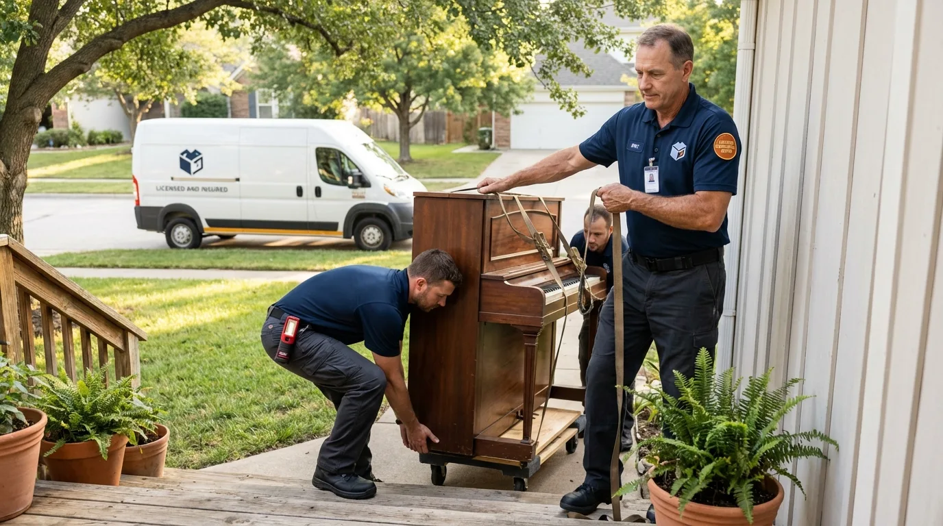 Licensed piano movers securing grand piano in Palo Pinto, TX