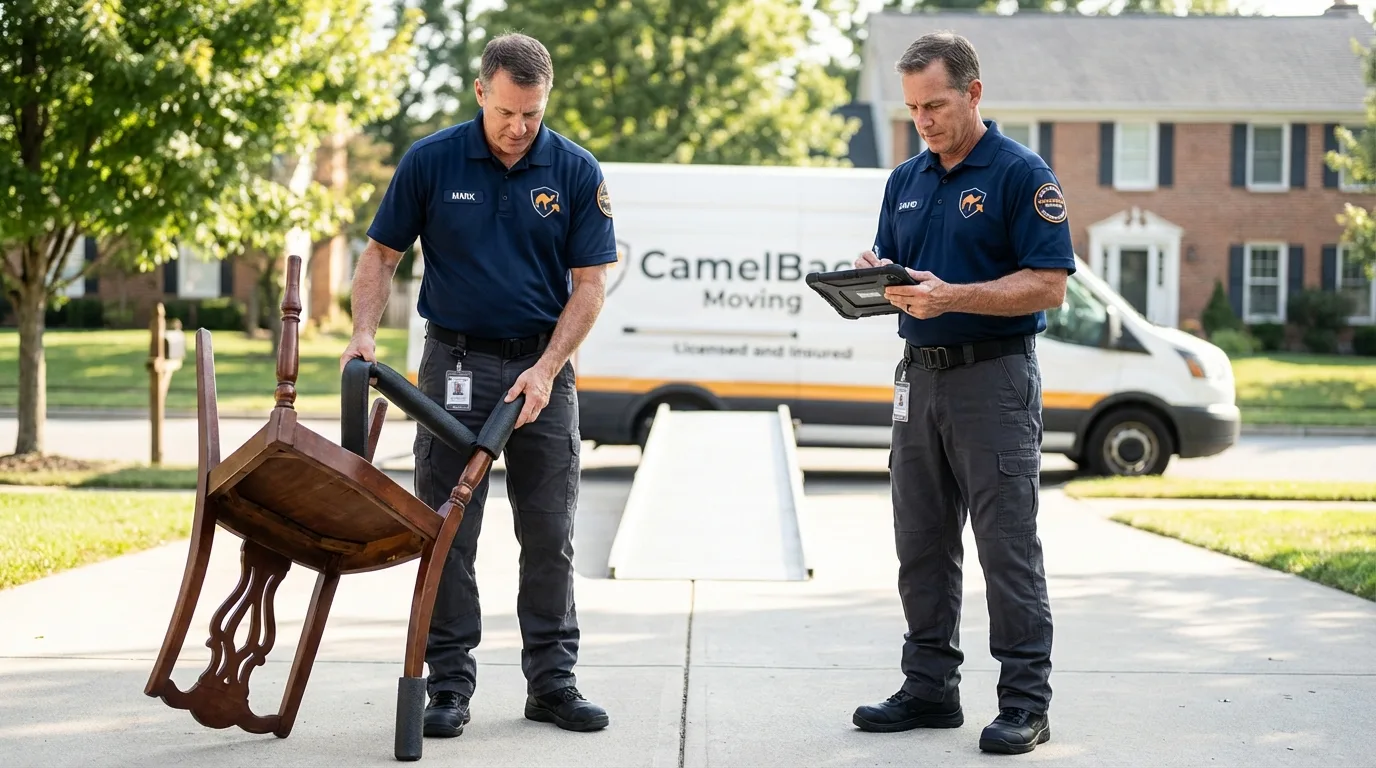 Movers inspecting furniture for damage prevention before loading in Palo Pinto, TX