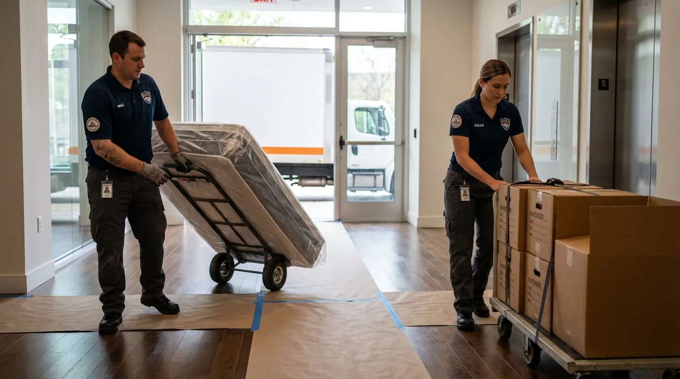 Professional apartment movers loading elevator in Palo Pinto, TX