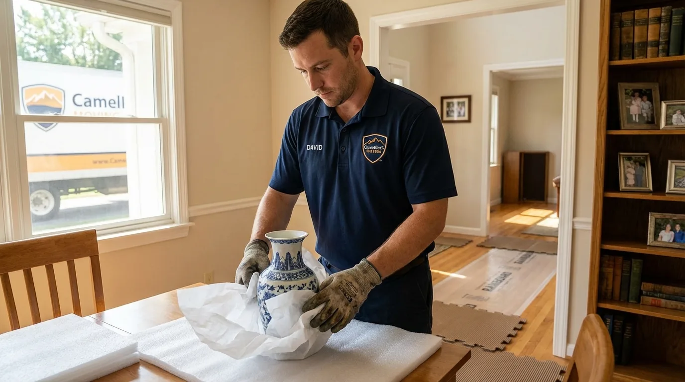 Professional crew carefully wrapping antique vase for senior downsizing move in Palo Pinto, TX